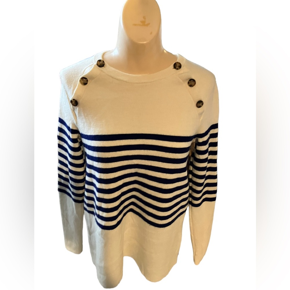 Vineyard Vines Merino Wool Button Neck Sailor Sweater Size S White Blue Stripes